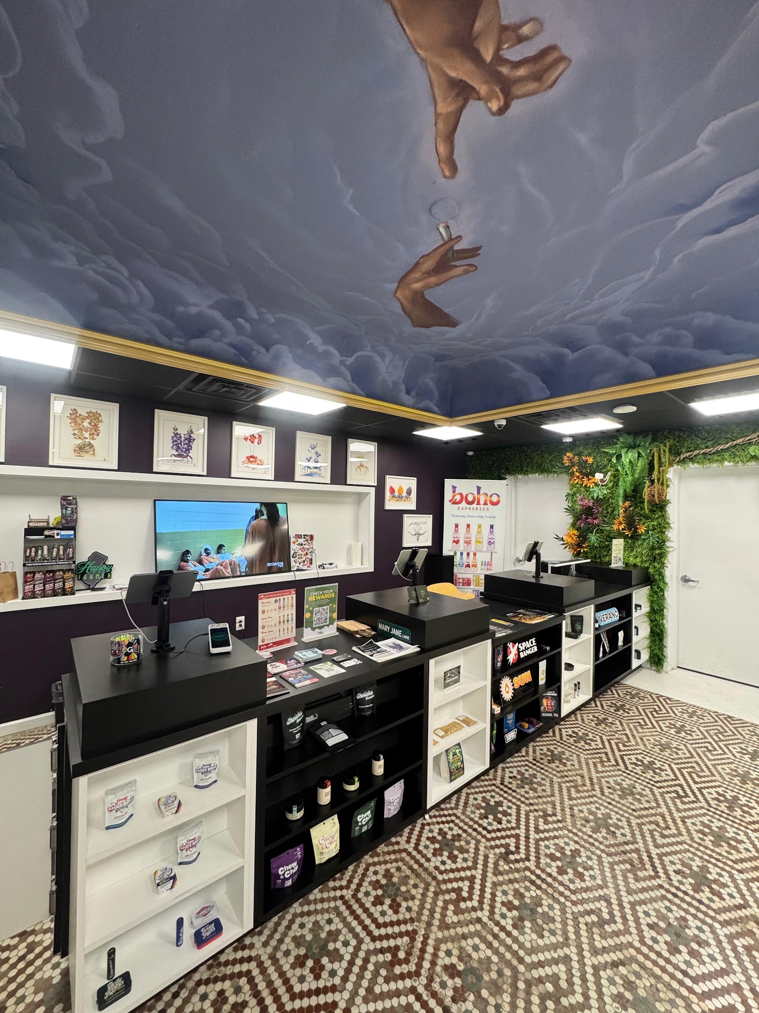 The checkout counter and plant wall at Hamm & Chaz — cannabis delivery across Essex County, NJ